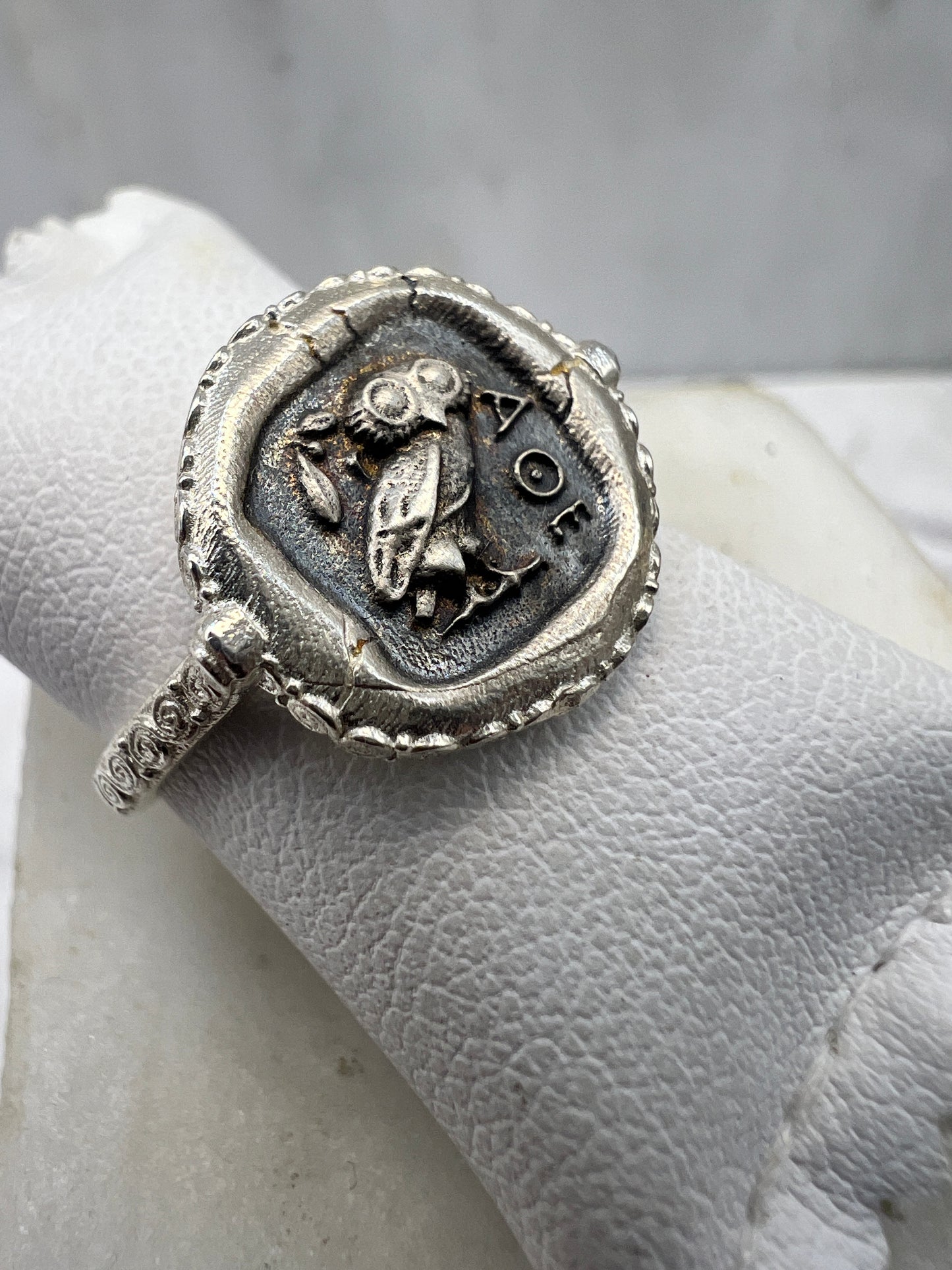 Antiker griechischer Münzring die Eule der Göttin Athena Nike Minerva Sterling Silber 925