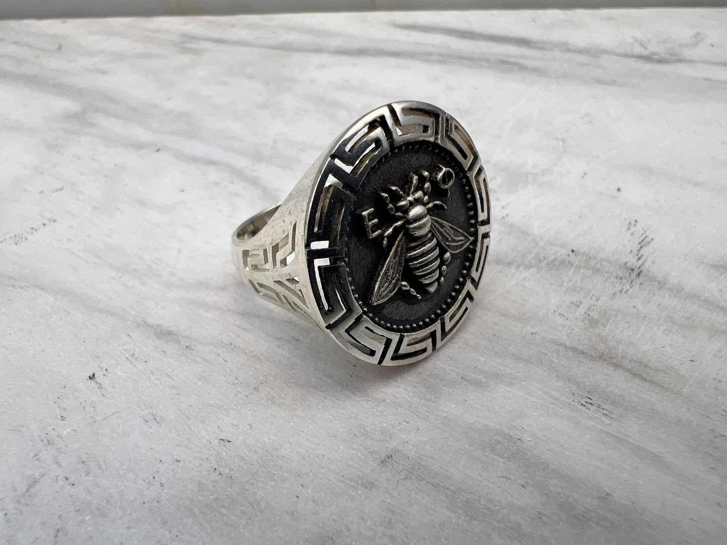 Artemis Goddess Bee ancient coin meander signed ring sterling silver