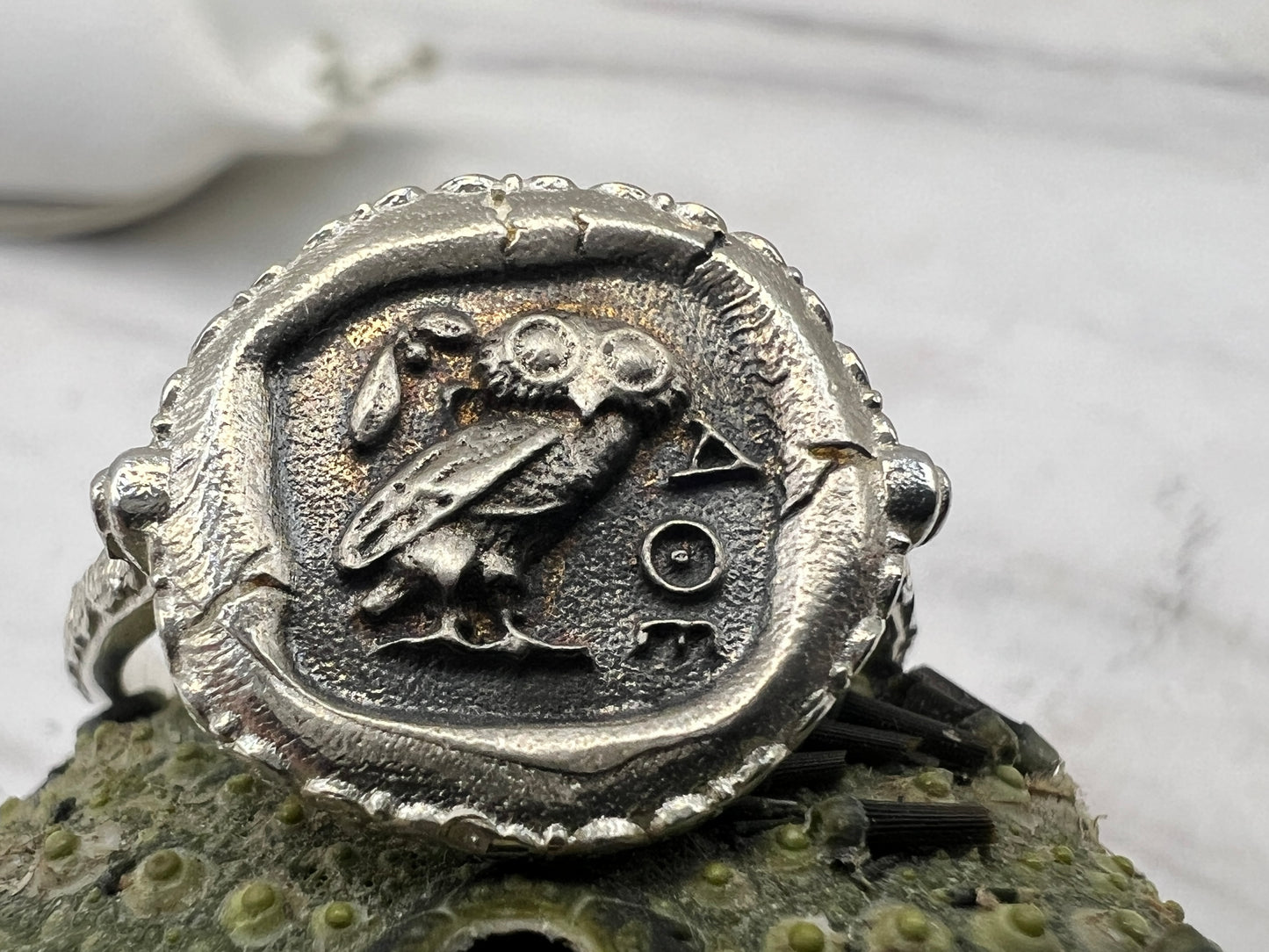 Antiker griechischer Münzring die Eule der Göttin Athena Nike Minerva Sterling Silber 925