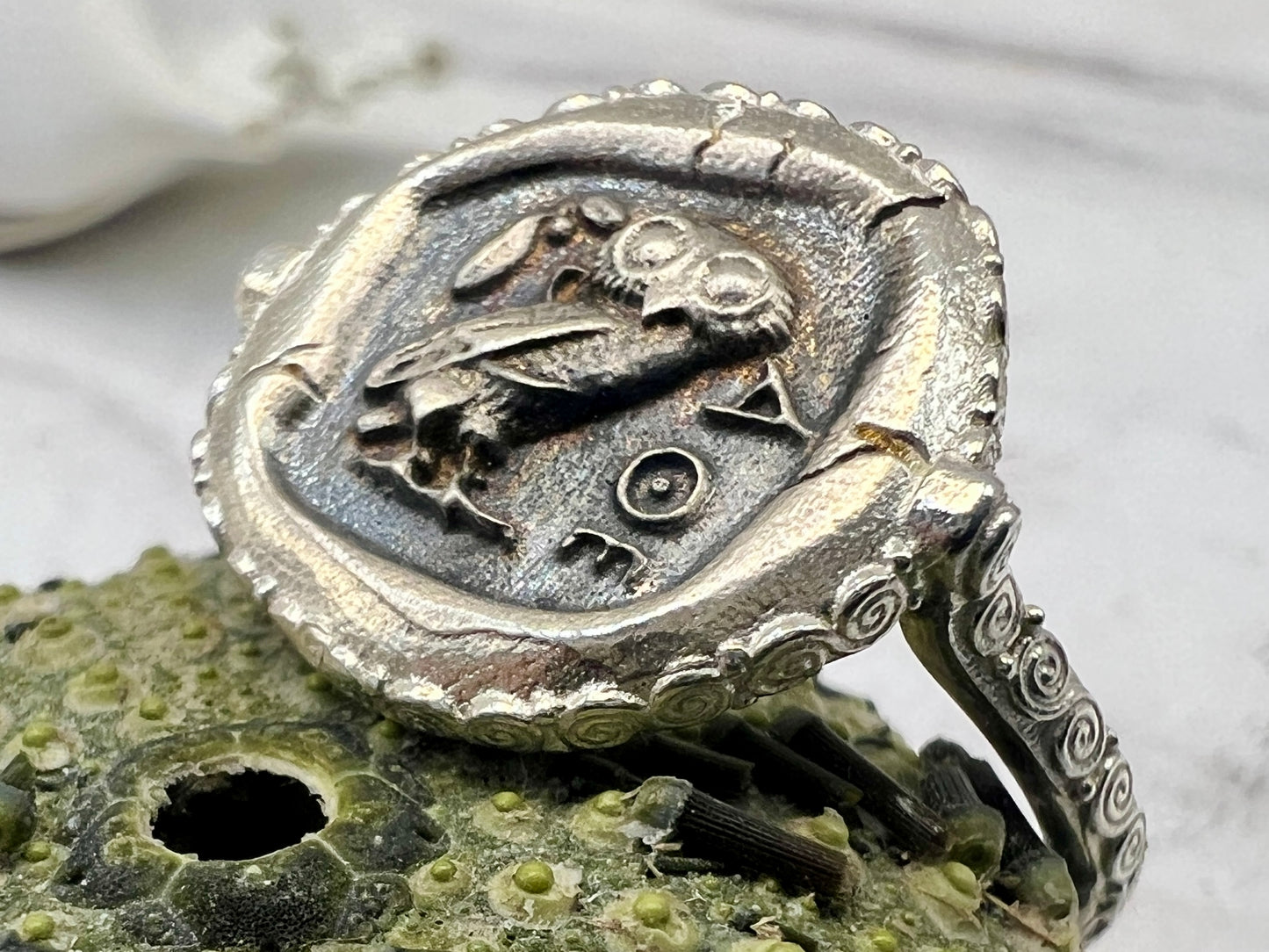 Antiker griechischer Münzring die Eule der Göttin Athena Nike Minerva Sterling Silber 925