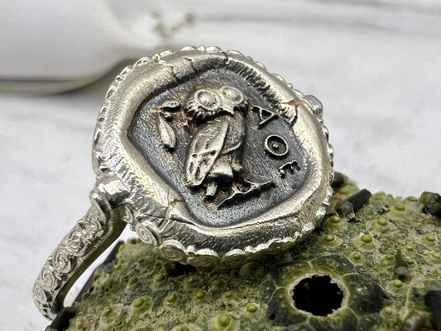 Antiker griechischer Münzring die Eule der Göttin Athena Nike Minerva Sterling Silber 925