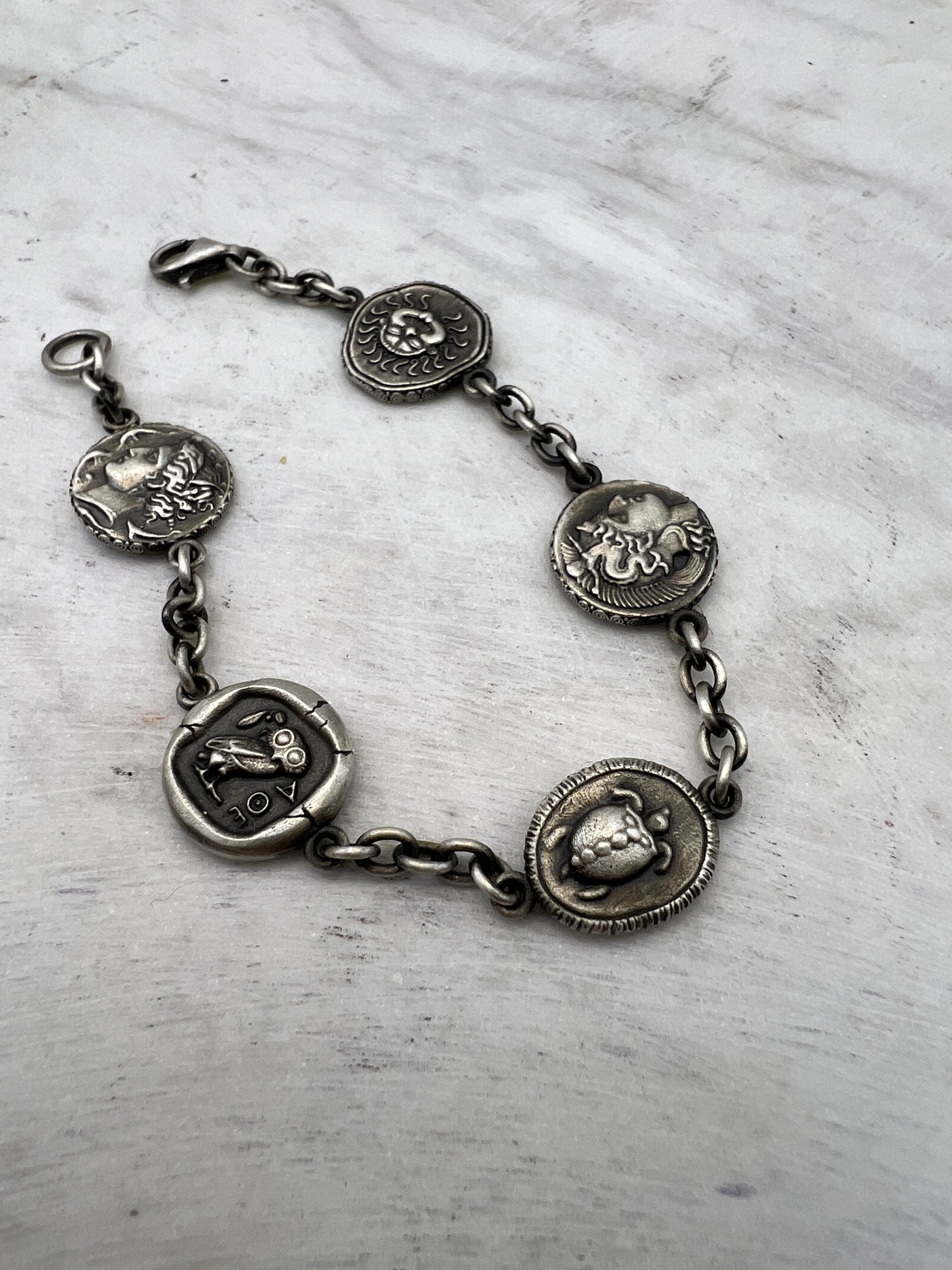 Coin bracelet ancient Greek Goddess Athena Medusa Sun God Helios Turtle the Athenian owl
