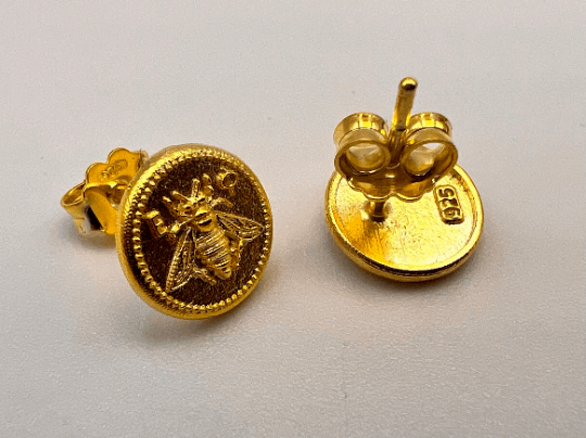 Artemis sacred bee goddess Ephesus Asia Greece ancient coin earring silver 925 Gold plated