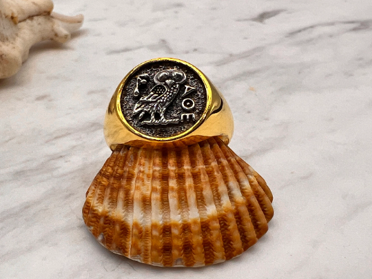 Athena owl Signet ring ancient Greek coin copy silver gold