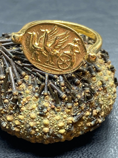 Chariot drawn by griffins Greek Coin jewelry Ring Gold handmade copy mythology jewelry