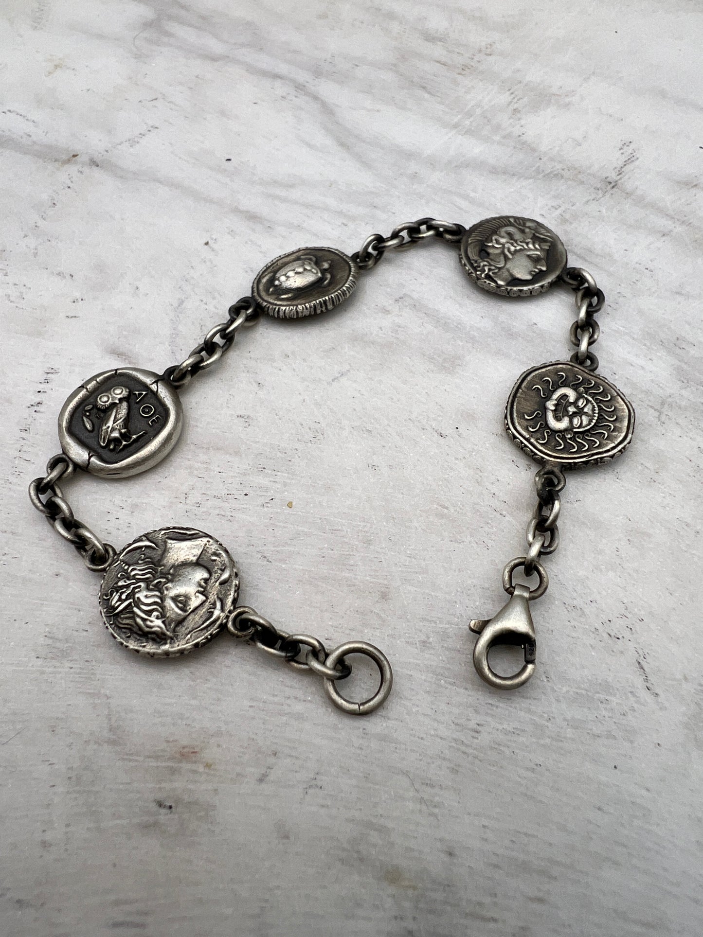Coin bracelet ancient Greek Goddess Athena Medusa Sun God Helios Turtle the Athenian owl