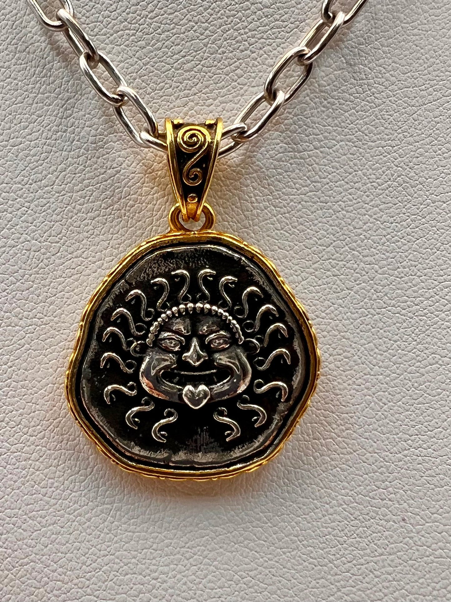 Medusa Gorgon Protective Coin Pendant Sterling Silver 925 with Gold Plating
