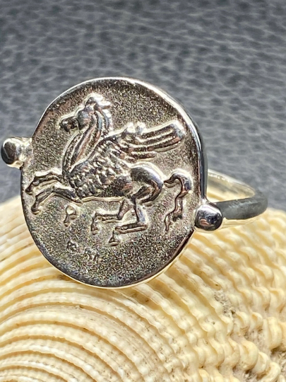 Pegasus Korinthischer Stater-Münzenring aus Sterlingsilber Symbolisch für Weisheit, Ruhm, Poesie