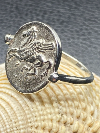 Pegasus Korinthischer Stater-Münzenring aus Sterlingsilber Symbolisch für Weisheit, Ruhm, Poesie