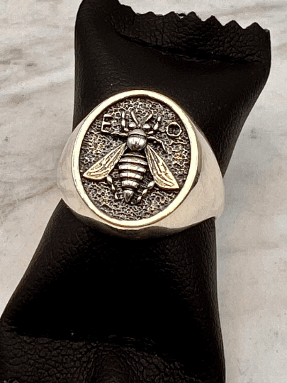 Ancient Greek Sacred Bee Goddess Medallion Coin bumble honey bee signet ring made of sterling silver