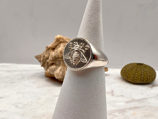 Ancient Greek Sacred Bee Goddess Artemis Medallion Coin silver bee ring, bumble bee, honey bee signet ring made of sterling silver