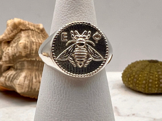 Ancient Greek Sacred Bee Goddess Artemis Medallion Coin silver bee ring, bumble bee, honey bee signet ring made of sterling silver