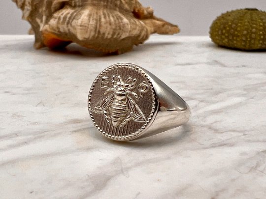 Ancient Greek Sacred Bee Goddess Artemis Medallion Coin silver bee ring, bumble bee, honey bee signet ring made of sterling silver