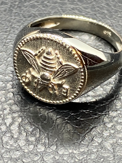 Ancient Greek Sacred Bee Goddess Artemis Medallion Coin silver bee ring, bumble bee, honey bee signet ring made of sterling silver