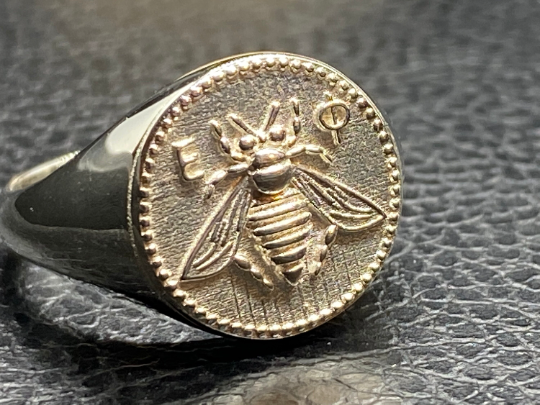 Ancient Greek Sacred Bee Goddess Artemis Medallion Coin silver bee ring, bumble bee, honey bee signet ring made of sterling silver