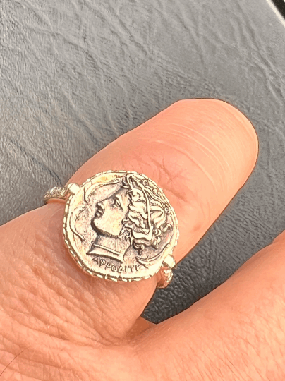 Aphrodite surrounded by dolphins Ancient Greek coin inspired Sterling silver ring