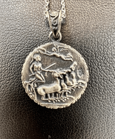 Arethusa surrounded by dolphins Syracuse  Sterling Silver Greek Coin Pendant