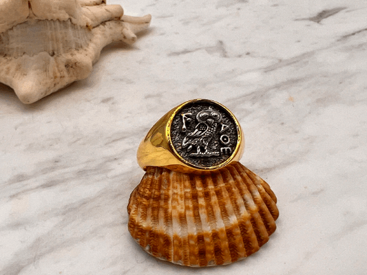 Athena owl Signet ring ancient Greek coin copy Solid Gold