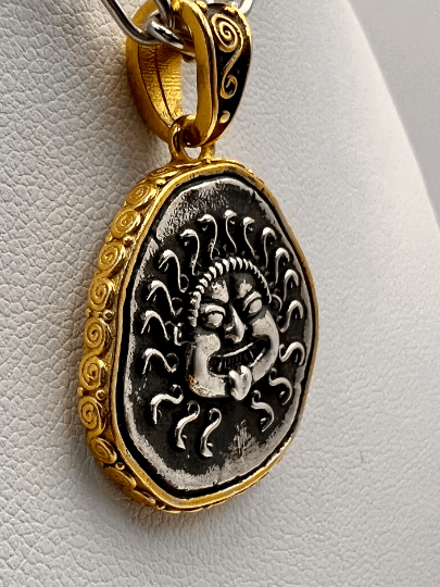 Medusa Gorgon protective ancient Greek coin pendant Sterling Silver Gold plated