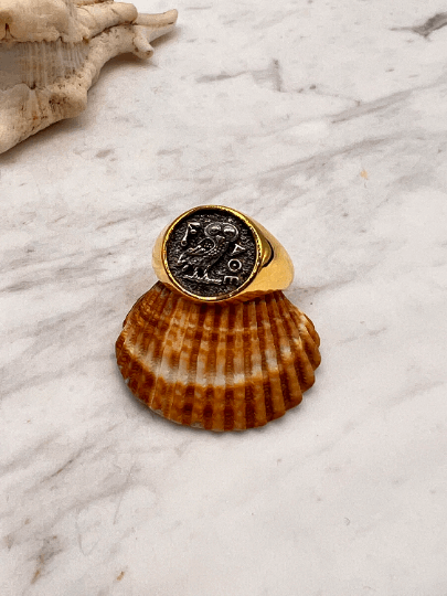 Athena owl Signet ring ancient Greek coin copy Solid Gold