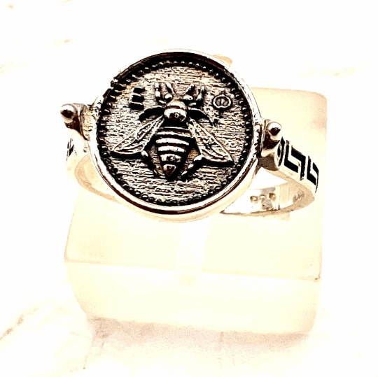 Greek Sacred Bee Artemis Goddess Medallion Coin Ring , Sterling silver bee ring bumble bee, honey bee signet ring MEANDROS