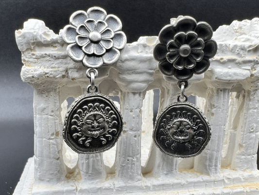 Medusa Gorgon Rosette protective ancient Greek coin earring Sterling Silver
