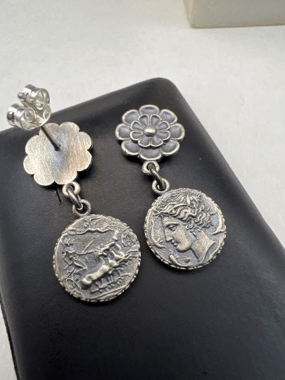 Arethusa surrounded by dolphins Syracuse Sterling Silver Greek Coin Earrings