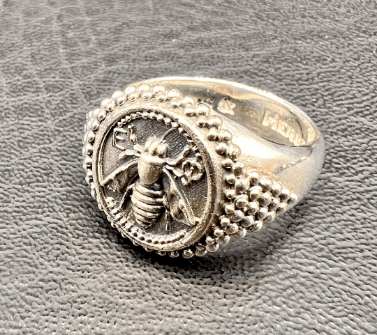 Ancient Greek Sacred Bee Artemis Goddess Medallion Coin Ring , silver bee ring bumble bee, honey bee Signed ring