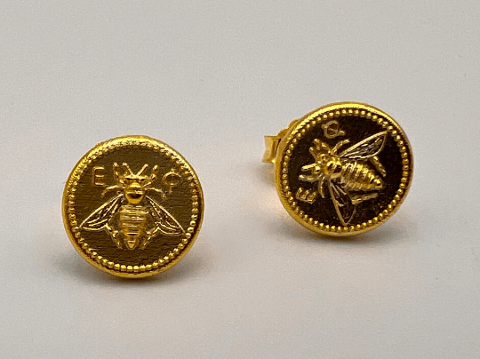 Artemis sacred bee goddess Ephesus Asia Greece ancient coin earring silver 925 Gold plated