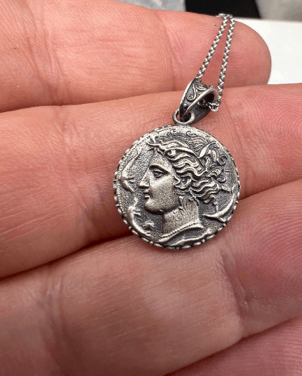 Arethusa surrounded by dolphins Syracuse  Sterling Silver Greek Coin Pendant