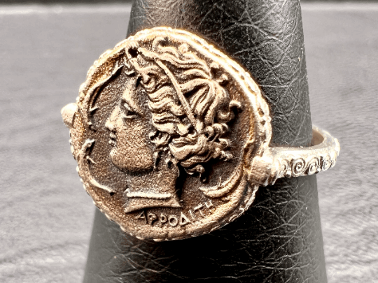 Aphrodite surrounded by dolphins Ancient Greek coin inspired Sterling silver ring