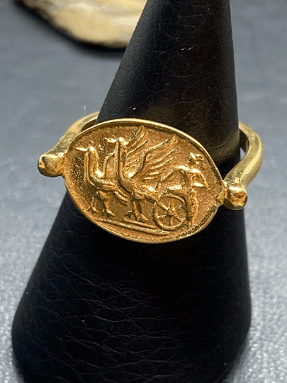 Chariot drawn by griffins Greek Coin jewelry Ring handmade copy mythology jewelry