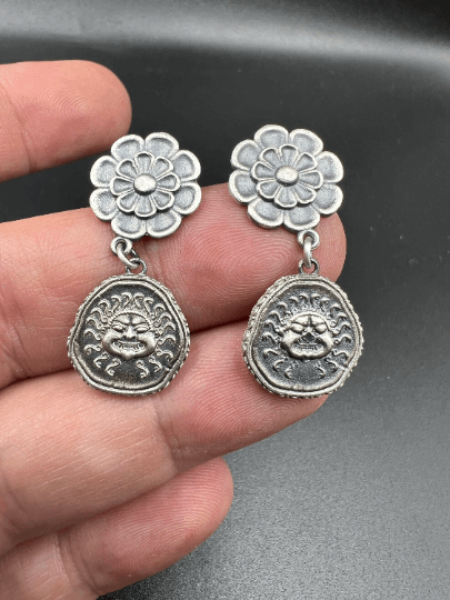 Medusa Gorgon Rosette protective ancient Greek coin earring Sterling Silver