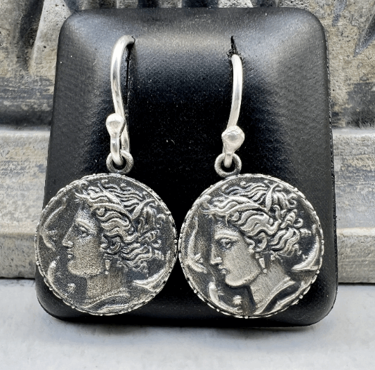 Arethusa surrounded by dolphins Syracuse Sterling Silver Greek Coin Earrings