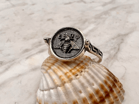 Greek Sacred Bee Artemis Goddess Medallion Coin Ring , Sterling silver bee ring bumble bee, honey bee signet ring MEANDROS