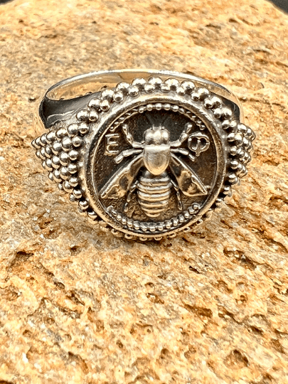 Ancient Greek Sacred Bee Artemis Goddess Medallion Coin Ring , silver bee ring bumble bee, honey bee Signed ring