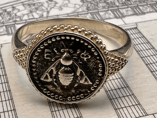 Ancient Greek Sacred Bee Artemis Goddess Medallion Coin Ring , silver bee ring bumble bee, honey bee signet ring