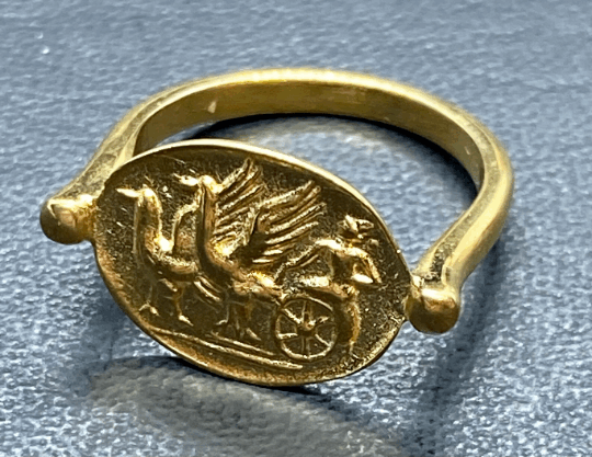 Chariot drawn by griffins Greek Coin jewelry Ring handmade copy mythology jewelry