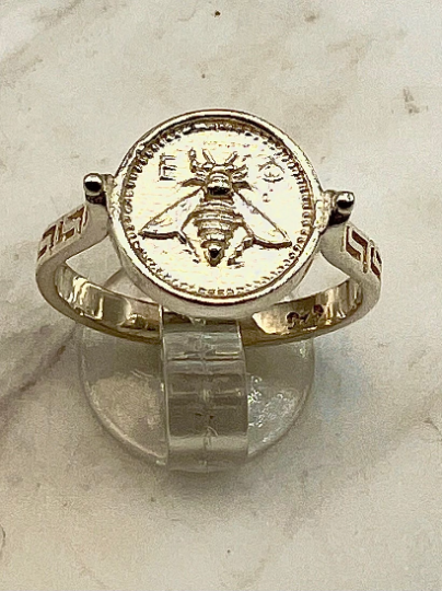 Greek Sacred Bee Artemis Goddess Medallion Coin Ring , Sterling silver bee ring bumble bee, honey bee signet ring MEANDROS