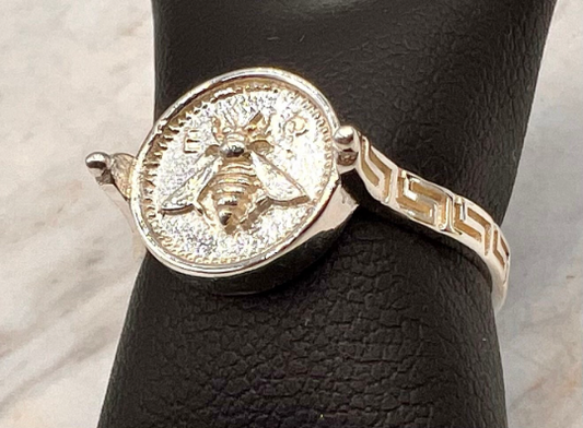 Greek Sacred Bee Artemis Goddess Medallion Coin Ring , Sterling silver bee ring bumble bee, honey bee signet ring MEANDROS