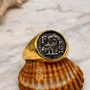 Athena owl Signet ring ancient Greek coin copy  silver gold