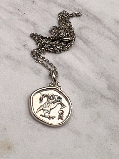 Owl of Athena Pendant, Aquamarine  Silver Owl Necklace, Athena Necklace, Replica Ancient Greek Coin Necklace, Gift for Her, Greek Mythology