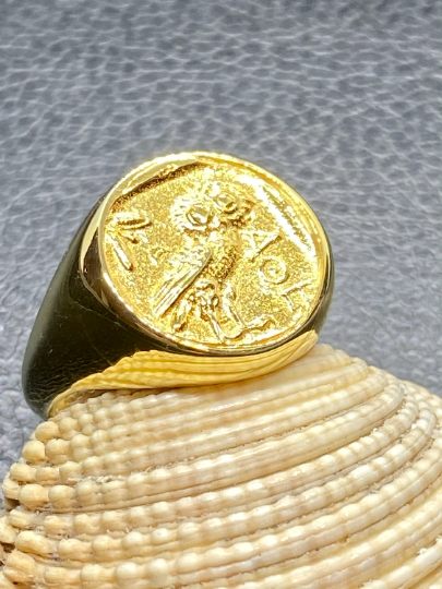 Athena owl Signet ring ancient Greek coin copy Sterling Silver gold plated