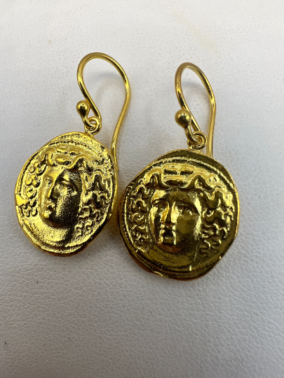 Medusa Gorgon protective ancient Greek coin earring Sterling Silver gold plated