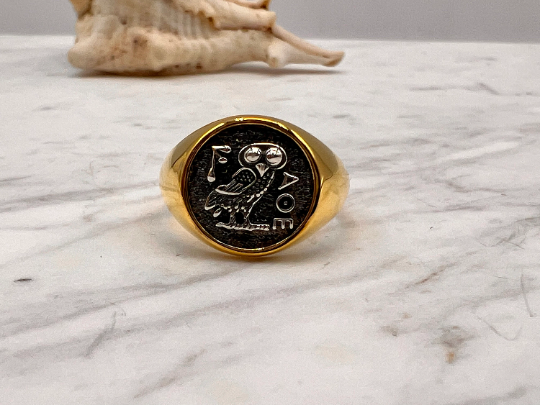 Athena owl Signet ring ancient Greek coin copy  silver gold