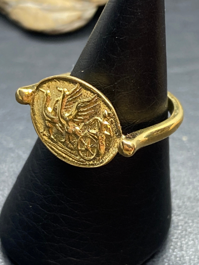 Chariot drawn by griffins Greek Coin jewelry Ring Gold handmade copy mythology jewelry
