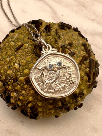 Owl of Athena Pendant, Aquamarine  Silver Owl Necklace, Athena Necklace, Replica Ancient Greek Coin Necklace, Gift for Her, Greek Mythology