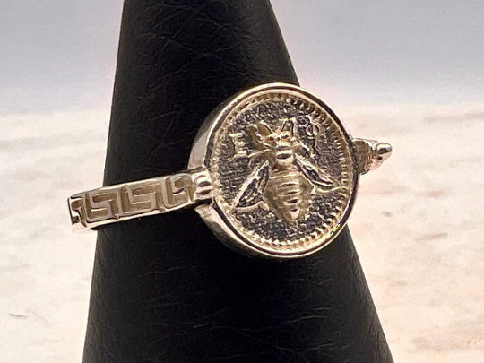 Greek Sacred Bee Artemis Goddess Medallion Coin Ring , Sterling silver bee ring bumble bee, honey bee signet ring MEANDROS