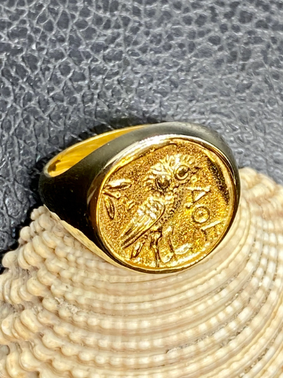 Athena owl Signet ring ancient Greek coin copy Sterling Silver gold plated