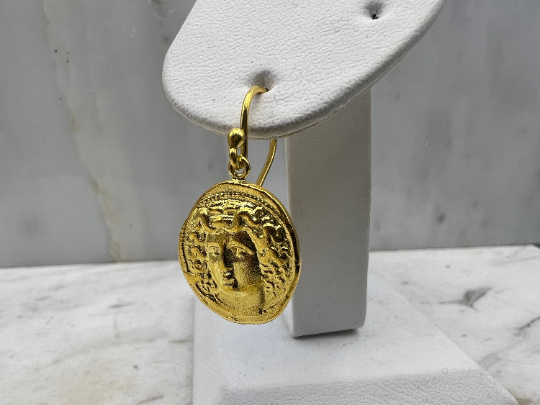 Medusa Gorgon protective ancient Greek coin earring Sterling Silver gold plated